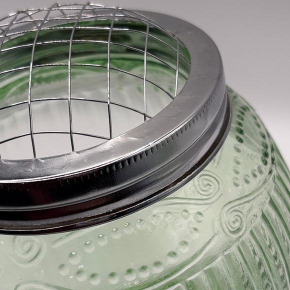 ASP Vintage Green Glass Flashing Pressed Glass Bowl with Dome Wire Frog MCM - Picture 6 of 8